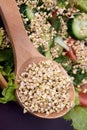 Fresh vegetable salad. Prospects buckwheat. Brown background