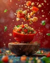 Fresh Vegetable Salad with Quinoa Tossed in the Air on a Rustic Wooden Surface with Dynamic Motion Royalty Free Stock Photo
