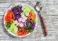 Fresh vegetable salad with red cabbage, cucumber, radish, carrots, sweet peppers, red onion and parsley on a white plate. Royalty Free Stock Photo