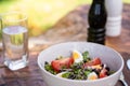 Fresh vegetable salad served on a bowl with mixed green leaves, eggs, black olives and tomato on a wooden table. Natural Royalty Free Stock Photo