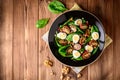 Fresh vegetable salad with spinach, cherry tomatoes, quail eggs, pomegranate seeds and walnuts in black plate on wooden table. Royalty Free Stock Photo