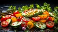 Fresh vegetable salad with tomatoes, cucumber, pepper, parsley and sesame seeds. on black background