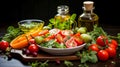 Fresh vegetable salad with tomatoes, cucumber, pepper, parsley and sesame seeds. on black background