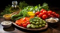 Fresh vegetable salad with tomatoes, cucumber, pepper, parsley and sesame seeds. on black background