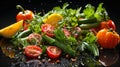 Fresh vegetable salad with tomatoes, cucumber, pepper, parsley and sesame seeds. on black background