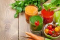 Fresh vegetable smoothie. Tomato, cucumber, carrot Royalty Free Stock Photo