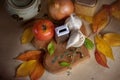 Fresh vegetable soup ingredients autumn leaves wooden table Royalty Free Stock Photo