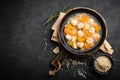 Fresh vegetable soup with meatballs and pearl barley in bowl on black background Royalty Free Stock Photo