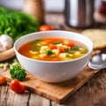 Fresh vegetable soup in a white bowl on a wooden table. Royalty Free Stock Photo