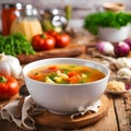 Fresh vegetable soup in a white bowl on a wooden table. Royalty Free Stock Photo