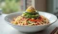 Fresh vegetable spaghetti salad with sliced cucumbers and sesame seeds Royalty Free Stock Photo