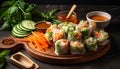 Fresh vegetable spring roll with savory sauce, healthy Vietnamese appetizer generated by AI