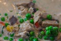 fresh vegetable stew with meat and green peas detail