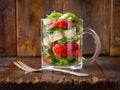 Fresh vegetable strawberry salad in glass jar on natural rustic