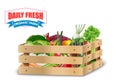 Fresh vegetable in wooden crates with blue ribbon on a white background Royalty Free Stock Photo