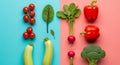 Fresh Vegetables Arranged on Contrasting Blue and Pink Backgrounds tomatoes cherry tomatoes Royalty Free Stock Photo