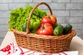 Fresh vegetables in basket. Tomato, cucumber, pepper and lettuce