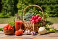 Fresh vegetables in a basket and tomato juice over green nature background Royalty Free Stock Photo
