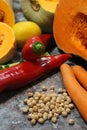 Fresh vegetables, beautiful colorful food, fresh vitamins, orange carrots and pumpkins, peppers and chickpeas, black beans, green