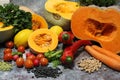 Fresh vegetables, beautiful colorful food, fresh vitamins, orange carrots and pumpkins, peppers and chickpeas, black beans, green