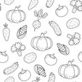 Fresh vegetables black and white seamless pattern in cartoon style. Healthy food doodle background Royalty Free Stock Photo