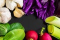 Fresh vegetables: bok choy chinese cabbage, garlic, radishes, leek and salad on black background with copy space. Healthy food.