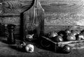 Fresh vegetables in a burned rustic texture box for background. Rough weathered wooden board. Toned Royalty Free Stock Photo