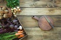 Fresh vegetables from carrot, beetroot, onion, garlic, potato on wooden board. Top view. Autumn still life. Copy space. Royalty Free Stock Photo