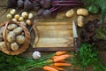 Fresh vegetables from carrot, beetroot, onion, potato on old wooden board. Top view. Copy space on cutting board.