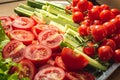 Fresh vegetables closeup: lettuce, tomatoes, cucumbers Royalty Free Stock Photo