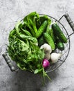 Fresh vegetables cucumbers, romaine lettuce, onions, herbs in a metal vintage basket on a gray background, top view. Food