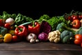 Fresh vegetables on dark wooden table. Health food. View from above. Space for copy. Generativ AI