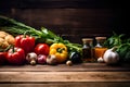 Fresh vegetables on dark wooden table. Health food. View from above. Space for copy. Generativ AI