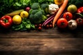 Fresh vegetables on dark wooden table. Health food. View from above. Space for copy. Generativ AI