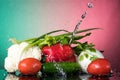 Fresh vegetables with drops of water on a black background, pidor, cucumber, bell pepper, onion, greens