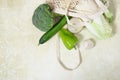 Fresh vegetables in eco friendly reusable shopping bag .Zero waste lifestyle Plastic free concept Healthy food in mesh bag Royalty Free Stock Photo