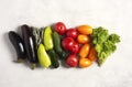 Fresh vegetables, eggplants, beans, tomatoes, cucumbers, peppers, lettuce, lie on a gray background