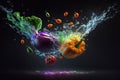 Fresh vegetables fall into clean water. Illustration with splash of water on dark black background. Food style photography.