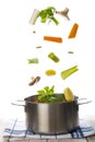 Fresh vegetables falling into a pot isolated on a white background Royalty Free Stock Photo