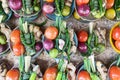 Fresh vegetables at the farmers market, tomatoes, onions, pepper, ginger Royalty Free Stock Photo