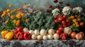 Fresh vegetables and flowers on a marble table - generative ai Royalty Free Stock Photo