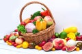 Fresh vegetables and fruit in basket isolated on white Royalty Free Stock Photo