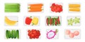 Fresh vegetables and fruit in plastic trays set, top view of styrofoam food packaging