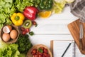 Fresh vegetables and fruit on wood background, healthy food Royalty Free Stock Photo