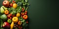 Fresh vegetables and fruits on dark green background. Healthy eating concept Royalty Free Stock Photo