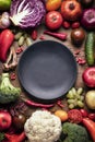 Fresh vegetables fruits harvest empty plate on the table vertical photo. Vitamins healthy food recipes weight loss diet Royalty Free Stock Photo