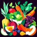 Fresh vegetables and fruits. Healthy food concept. Vector illustration in flat cartoon style. AI generated Royalty Free Stock Photo