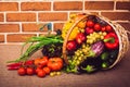 Fresh vegetables, fruits and lettuce on kitchen table. Healthy l Royalty Free Stock Photo