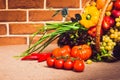 Fresh vegetables, fruits and lettuce on kitchen table. Healthy l Royalty Free Stock Photo