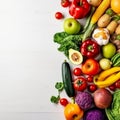 Fresh vegetables and fruits on light background, top view. Space for text